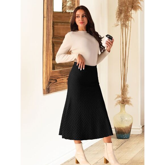 Elastic High Waist Stretchy Sweater Midi Skirt Black - Picture 3 of 5